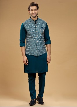 Designer Teal Color Nehru Jacket Set In Silk