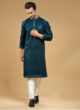 Designer Teal Kurta Pajama In Silk