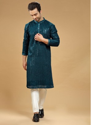 Designer Teal Kurta Pajama In Silk