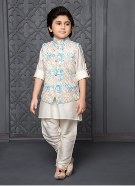 Designer Thread Embroidered Cream Nehru Jacket Set