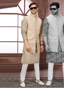 Designer Thread Embroidered Golden Cream Nehru Jacket Set