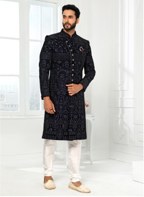 Designer Navy Blue Embroidered Indowestern