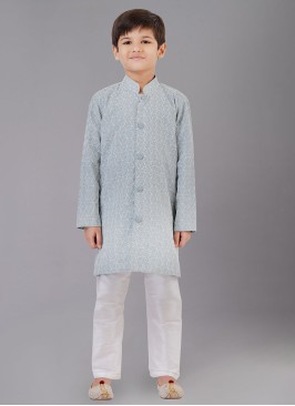 Designer Thread Embroidered Kurta Pajama In Cotton Silk