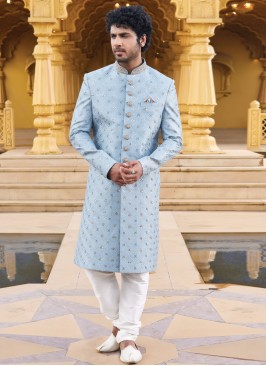 Designer Thread Embroidered Light Blue Sherwani For Wedding