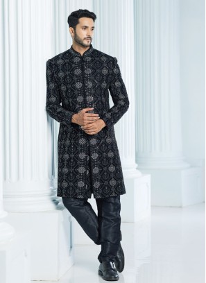 Designer Velvet Black Indowestern In Embroidered Work