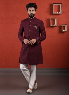 Designer Wine Color Indowestern for Men