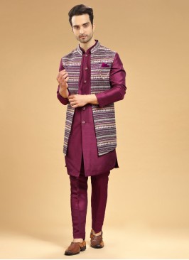 Designer Wine Nehru Jacket Set In Art Silk