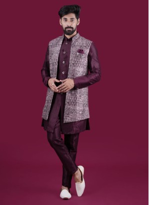 Designer Wine Nehru Jacket Set In Silk