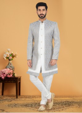 Designer Woven Grey Jacket Style Indowestern