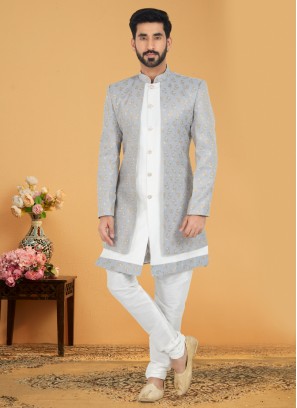 Designer Woven Grey Jacket Style Indowestern
