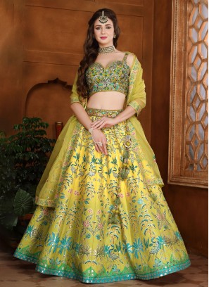 Designer Yellow and Parrot Green Shaded Silk Lehenga Choli