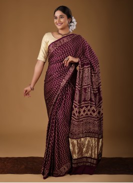 Designer Ajrakh Print Saree In Magenta Color