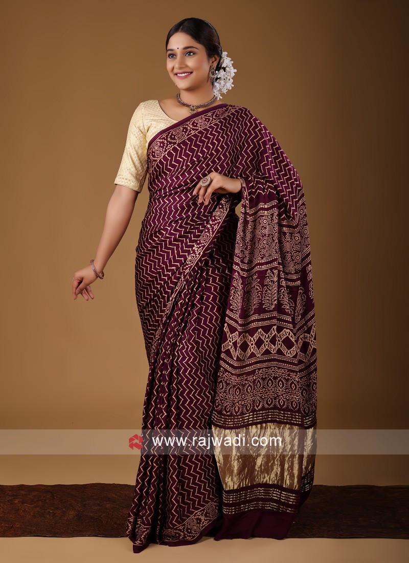 AMOUNEE-Buy best Ajrakh Gajji silk handblock printed saree online – AMOUNEE  - Handloom & Handicraft