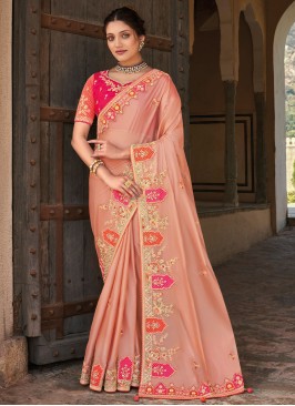 Designer Peach Embroidered Organza Satin Silk Saree