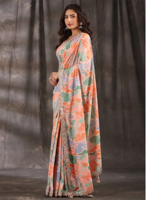 Peach Satin Silk Saree With Floral Prints