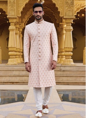 Peach Art Silk Embroidered Sherwani For Groom