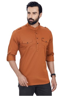 Ocher Yellow Mens Short Kurta