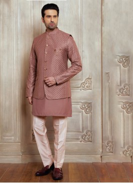 Embroidered Rose Gold Nehru Jacket Set For Wedding