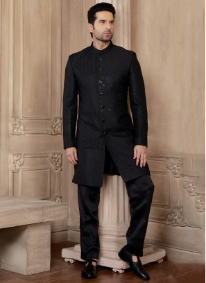 Black Embroidered Indowestern Set In Imported Silk