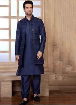 Stylish Blue Embroidered Nehru Jacket Set For Men