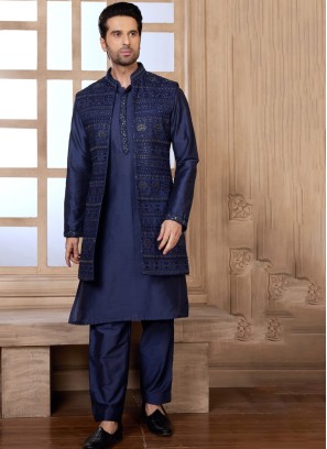 Stylish Blue Embroidered Nehru Jacket Set For Men