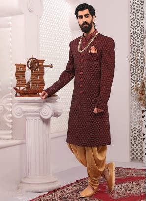 Dhoti Style Maroon Thread Embroidered Groom Sherwani