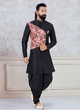 Digital Floral Print Black Indowestern For Men