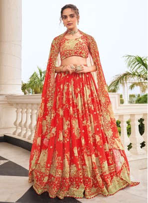 Floral Printed Georgette Trendy Lehenga Choli in Red