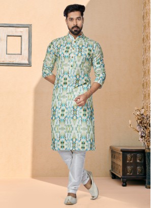 Digital Printed White Cotton Silk Kurta Pajama