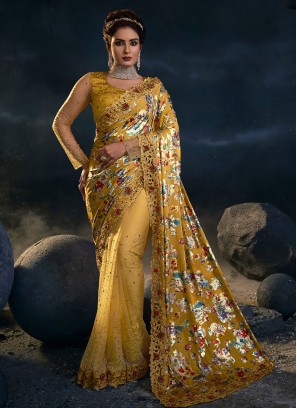 Mustard Net and Lycra Saree With Floral Pallu