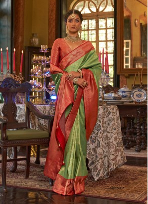 Green And Red Designer Kanjivaram Silk Saree