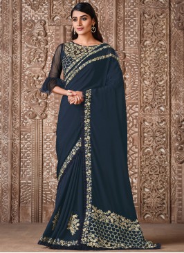 Distinctively Georgette Embroidered Blue Classic Designer Saree