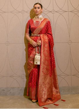 Distinctively Red Weaving Satin Silk Wedding Saree