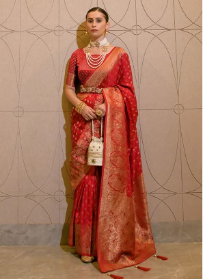 Distinctively Red Weaving Satin Silk Wedding Saree