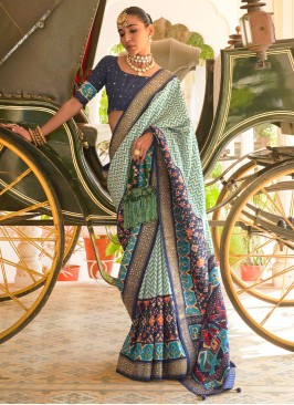 Blue And Sky Blue Patola Printed Silk Saree