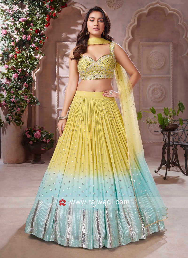 Grab this Lemon yellow Lehenga paired with sky Blue color Blouse with  matching dupatta | Lehenga