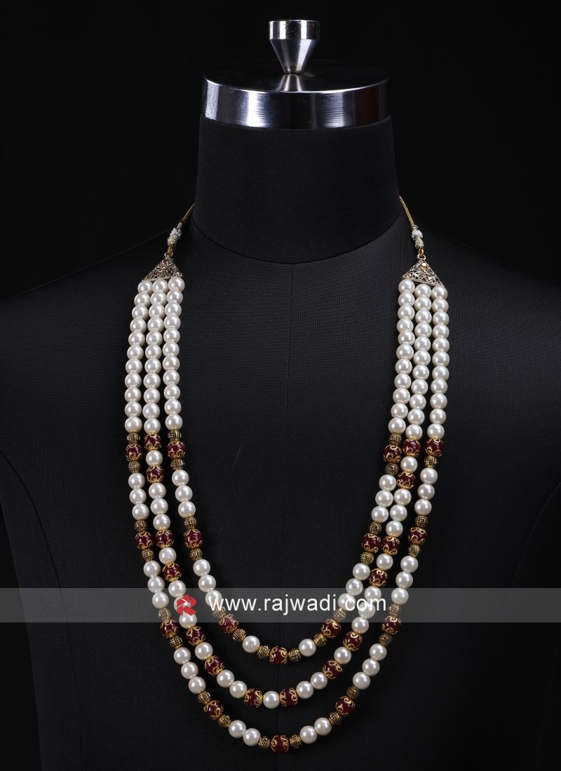 I jewels traditional multi layered pearl kundan bridal necklace jewellery  with dangle earrings & maang tikka set - I Jewels - 4272375