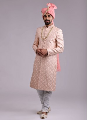 Dulha Thread Work Sherwani In Peach Color