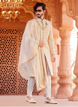 Cream Silk Sherwani For Wedding Wear