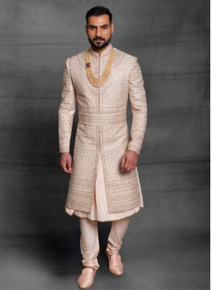 Dulha Wear Sherwani In Peach Color