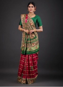 Dulhan Wear Saree In Rani And Green Color