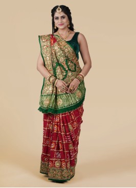 Red and Green Gajji Silk Bridal Gharchola Saree