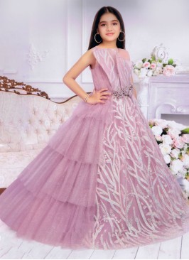 Dusty Rose Pink Designer Gown With Fancy High Neckline