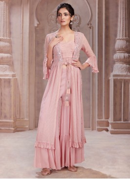 Dusty Rose Pink Embroidered Palazzo Set With Long Jacket