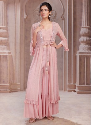 Dusty Rose Pink Embroidered Palazzo Set With Long Jacket