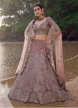 Dusty Rose Pink Heavy Embroidered Net Wedding Lehenga Choli