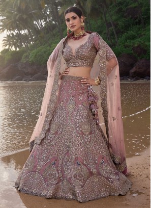 Dusty Rose Pink Heavy Embroidered Net Wedding Lehenga Choli