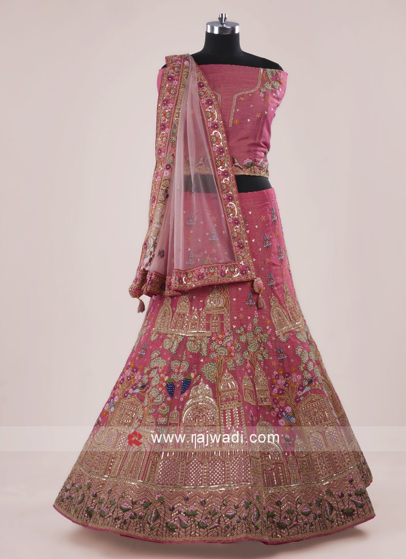 Dusty Rose Pink Silk Embroidered Wedding Lehenga Choli