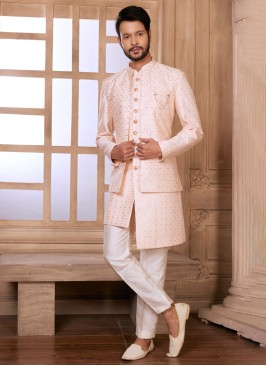 Peach Embroidered Jacket Style Indowestern Set In Silk