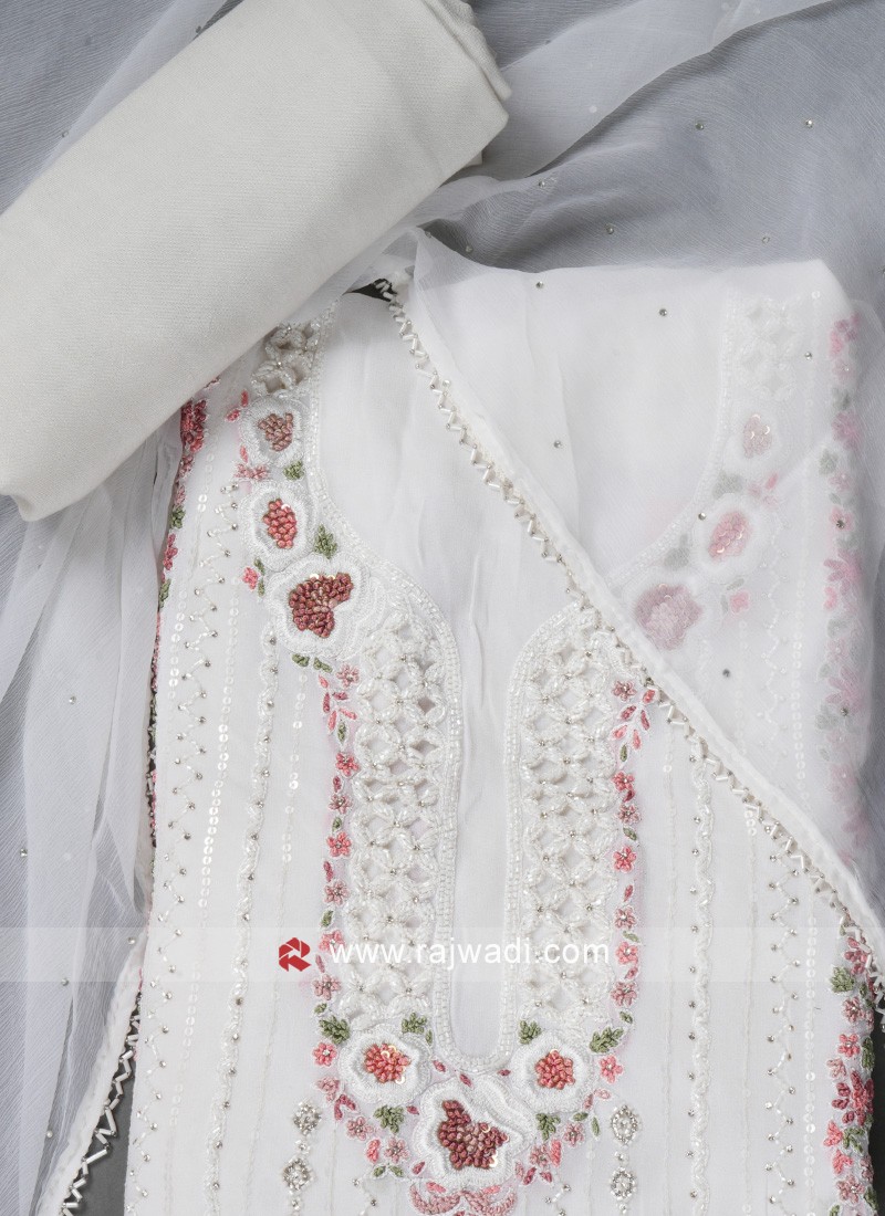 Women's White Floral Embroidered Cotton Suits & Dress Materials